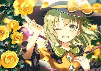 1girl ;d black_hat blurry blurry_background bow buttons collared_shirt commentary diamond_button dise_(psychoro) flower green_eyes green_hair hat hat_bow hat_ribbon highres komeiji_koishi long_sleeves looking_at_viewer medium_hair one_eye_closed open_mouth petals plant ribbon rose shirt smile solo symbol-only_commentary third_eye touhou upper_body yellow_bow yellow_flower yellow_ribbon yellow_rose yellow_shirt