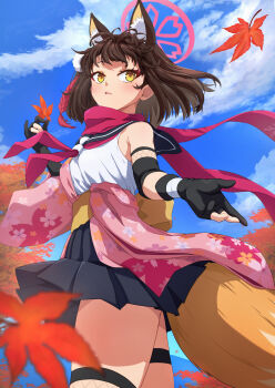 1girl animal_ear_fluff animal_ears autumn_leaves black_gloves black_sailor_collar black_skirt blue_archive blue_sky brown_hair fang fishnet_thighhighs fishnets fox_ears fox_girl fox_tail gloves halo highres izuna_(blue_archive) japanese_clothes kimono leaf medium_hair menchi-men neckerchief open_mouth partially_fingerless_gloves pink_halo pink_kimono pink_neckerchief pink_scarf pleated_skirt sailor_collar scarf shirt single_bare_shoulder single_thighhigh skin_fang skirt sky sleeveless sleeveless_shirt solo tail thigh_strap thighhighs white_shirt yellow_eyes
