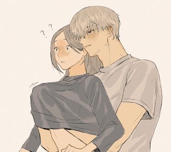 1boy 1girl ? ?? black_shirt blush brown_hair couple grabbing_another&#039;s_breast grey_hair grey_shirt groping hair_between_eyes half-closed_eyes hand_under_clothes hand_under_shirt hetero highres ladxena long_hair long_sleeves love_and_deepspace parted_bangs parted_lips protagonist_(love_and_deepspace) shirt short_hair short_sleeves t-shirt upper_body wide-eyed xavier_(love_and_deepspace)
