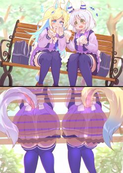 Rule 34 | 2girls, absurdres, ahoge, animal ears, ass, ass focus, bag, bench, blonde hair, blue eyes, commentary request, commission, day, dock (tail), ear covers, eating, food, from below, hair ornament, highres, hishi miracle (umamusume), holding, holding food, horse ears, horse girl, horse tail, long hair, looking at food, multicolored hair, multiple girls, multiple views, neo universe (umamusume), ooba jun, outdoors, park, park bench, ribbon, school bag, school uniform, short hair, sitting, skeb commission, tail, tail ornament, tail ribbon, thighhighs, tracen school uniform, tree, two-tone hair, umamusume, white hair, yellow eyes, zettai ryouiki