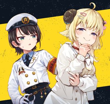 2girls ahoge animal_ears aqua_eyes armband belt black_background black_border black_skirt blonde_hair blush border brown_belt buttons character_name choker closed_mouth commentary_request cropped_jacket cuffs curled_horns double-breasted gold_buttons hair_ornament hair_ribbon hairclip hand_on_another&#039;s_shoulder hand_on_own_arm hand_on_own_chin hand_on_own_hip handcuffs hat high-waist_skirt highres hololive horns jacket looking_at_another looking_at_viewer medal medeshima_marota multiple_belts multiple_girls official_alternate_costume official_alternate_hairstyle oozora_subaru oozora_subaru_(police) open_clothes open_shirt peaked_cap pencil_skirt pink_ribbon police police_hat police_uniform policewoman purple_eyes red_armband red_choker ribbon sheep_ears sheep_girl sheep_horns shirt skirt smug standing sweatdrop tsunomaki_watame tsunomaki_watame_(street_casual) two-tone_armband two-tone_background upper_body virtual_youtuber white_hat white_jacket white_shirt white_skirt yellow_armband yellow_background