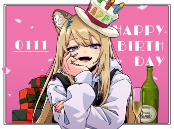 Rule 34 | 1girl, :d, alcohol, animal ear fluff, animal ear piercing, animal ears, black vest, blonde hair, border, box, champagne, champagne bottle, champagne flute, commentary request, cropped torso, cup, dog ears, dog girl, drinking glass, fangs, fujinoki (horonabe-ken), gift, gift box, glass bottle, happy birthday, hat, highres, hood, hood down, hoodie, kmnz, lita (kmnz), long hair, open mouth, outside border, pink background, purple eyes, simple background, smile, solo, top hat, vest, virtual youtuber, white border, white hat, white hoodie