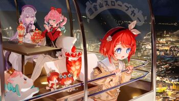 3girls :o alternate_costume aqua_eyes aqua_hair beret black_dress black_hairband blue_eyes brown_dress castorice_(honkai:_star_rail) character_doll cityscape commentary_request cross-shaped_pupils doll dress food guest_art hairband hat honkai:_star_rail honkai_(series) hyacine_(honkai:_star_rail) little_ica_(honkai:_star_rail) long_hair multicolored_hair multiple_girls night pantyhose parfait pink_hair pointy_ears purple_eyes purple_hair red_hair roena sitting sky strawberry_parfait symbol-shaped_pupils trianne_(honkai:_star_rail) tribbie_(honkai:_star_rail) trinnon_(honkai:_star_rail) twintails two-tone_hair white_dress white_pantyhose