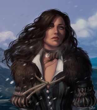 1girl black_choker black_hair choker cloud commentary day english_commentary erika-xero long_hair outdoors purple_eyes signature solo the_witcher_(series) the_witcher_3 upper_body yennefer_of_vengerberg