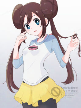 Rule 34 | 1girl, aoneko4ao (edwf7745), black leggings, blue eyes, breasts, brown hair, commentary, cowboy shot, donut hair bun, double bun, hair bun, highres, leggings, long hair, long sleeves, looking at viewer, nintendo, no headwear, parted lips, poke ball print, pokemon, pokemon bw2, print shirt, raglan sleeves, rosa (pokemon), shirt, short shorts, shorts, simple background, solo, twintails, very long hair, watermark, yellow shorts