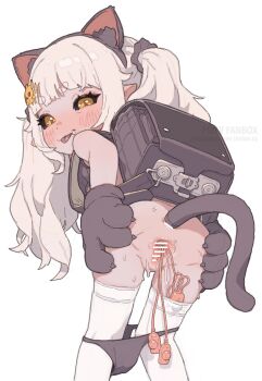 1girl anal_beads anal_tail animal_hands anus ass backpack bag butt_plug fake_tail fang gloves highres indie_virtual_youtuber kumo_kuddelmuddel loli long_hair panties paw_gloves possummachine randoseru sex_toy simple_background spread_ass spread_pussy tail thighhighs tongue tongue_out twintails underwear vibrator white_background white_hair white_thighhighs yellow_eyes