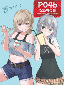 2girls 501st_joint_fighter_wing_(emblem) alternate_costume apron belt black_apron black_belt black_bra blue_background blue_eyes blush bra brown_skirt commentary_request cover cover_page drinking_straw eila_ilmatar_juutilainen feet_out_of_frame food green_eyes grey_hair highres holding holding_spoon long_hair long_sleeves multiple_girls naruchiku_(naruchikukai) navel salmiakki sanya_v._litvyak shirt shorts simple_background skirt smile spoon standing stomach strike_witches teeth underwear white_hair white_shirt world_witches_series