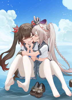 1girl 2girls ^_^ absurdres alternate_costume black_hat brown_hair closed_eyes cloud cloudy_sky commentary_request facial_mark grey_skirt hair_between_eyes hair_intakes happy hat highres honkai:_star_rail honkai_(series) kiss kissing_cheek lao_xi long_hair mini_hat mini_top_hat multiple_girls navel no_shoes open_mouth outdoors pantyhose pleated_skirt school_uniform shirt shoes short_sleeves sitting skirt sky smile sparkle_(honkai:_star_rail) sparxie_(honkai:_star_rail) top_hat twintails very_long_hair water white_hair white_pantyhose white_shirt yuri