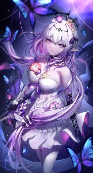 1girl bare_shoulders black_tiara breasts bug butterfly castorice_(honkai:_star_rail) commentary dress elbow_gloves erbium flower flower_ornament gloves hair_flower hair_ornament highres holding holding_scythe honkai:_star_rail honkai_(series) insect large_breasts long_hair pantyhose pointy_ears purple_eyes purple_gloves purple_hair revision scythe solo tiara very_long_hair white_dress white_pantyhose