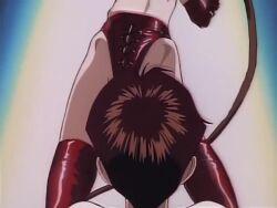 1990s_(style) 1boy 1girl animated anime_screenshot ass bdsm blonde_hair blush boots brown_hair collar collarbone dominatrix femdom gloves golden_boy groin hair_over_one_eye latex leash lips lipstick long_hair makeup nipples onna_shachou ooe_kintarou red_footwear red_gloves retro_artstyle slave sound subtitled tagme thigh_boots thighs thong video view_between_legs