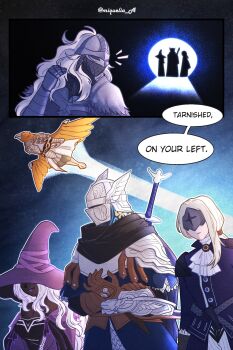 2girls ambiguous_gender armor avengers:_endgame avengers_(series) bare_shoulders black_dress black_skin blindfold_mask blonde_hair bloody_wolf_(elden_ring) breasts cleavage cloak colored_skin dark-skinned_female dark_skin dress duchess_(elden_ring) elden_ring elden_ring_nightreign full_armor fur_cloak guardian_(elden_ring) hat hat_over_eyes helm helmet highres large_hat long_hair marvel mask meme miqueliafantasia multiple_girls purple_hat recluse_(elden_ring) sword tarnished_(elden_ring) very_dark_skin weapon white_hair wings witch witch_hat wylder_(elden_ring)