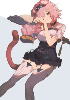 Rule 34 | 1girl, absurdres, animal ears, arknights, artist name, black choker, black hairband, black skirt, blue bow, bow, braid, breasts, cat ears, cat girl, cat tail, choker, commentary request, feet out of frame, garter straps, goldenglow (arknights), grey background, hair bow, hairband, highres, jacket, large breasts, lightning bolt print, long hair, miniskirt, pink hair, pink jacket, scissors, shaggy (user mpum7284), shirt, side braid, simple background, sitting, skirt, solo, t-shirt, tail, thighhighs, two-tone background, unworn jacket, white background, white shirt, white thighhighs, zettai ryouiki