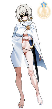 1girl barefoot blindfold breasts coat commentary english_commentary faust_(project_moon) feet highres holding large_breasts limbus_company naked_coat navel project_moon scabbard sheath short_hair solo sword toes weapon white_coat white_hair yaritoo