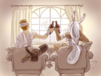 00s animal_ears bag balflear bandages brown_hair rabbit_ears curtains dark_skin drink ear_piercing final_fantasy final_fantasy_xii fran_(ff12) gun long_hair piercing satchel toasting_(gesture) viera weapon white_hair window