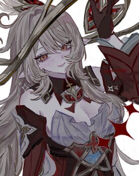 1girl alice_(genshin_impact) bare_shoulders black_gloves breasts brown_eyes cleavage commentary cowlick detached_sleeves dress genshin_impact gloves grey_hair hair_intakes long_hair long_sleeves looking_at_viewer medium_breasts pointy_ears simple_background solo strapless strapless_dress uma_(npon_zinsei) upper_body very_long_hair white_background