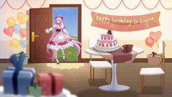 1girl absurdres balloon birthday_cake box breasts cake chair chinese_commentary commentary_request dress elysia_(herrscher_of_human:_ego)_(honkai_impact) elysia_(honkai_impact) food gift gift_box happy_birthday heart_balloon highres honkai_(series) honkai_impact_3rd large_breasts long_hair official_alternate_costume open_door pink_dress pink_hair purple_eyes red_shoes shahua_wuyao shoes solo table thighhighs very_long_hair white_thighhighs
