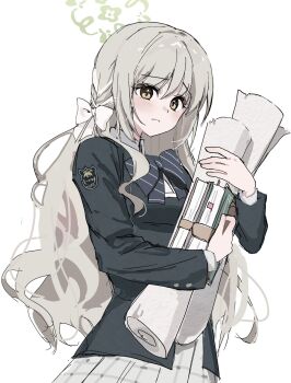 1girl black_bow black_bowtie black_jacket blue_archive blush book bow bowtie braid brown_eyes closed_mouth commentary_request emblem frown furrowed_brow grey_hair grey_skirt halo highres hugging_object jacket long_hair long_sleeves looking_at_viewer miyo_(blue_archive) school_uniform scroll side_braid simple_background sketch skirt solo white_background yuusaoconomi
