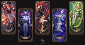 2boys 3girls absurdly_long_hair absurdres artist_logo bare_legs bare_shoulders black_bodysuit black_boots black_gloves black_hairband black_shoes blonde_hair blue_eyes blue_flower blue_hair blue_shirt bodysuit boots brant_(wuthering_waves) breasts brown_hair cantarella_(wuthering_waves) card_(medium) character_name circle_facial_mark closed_mouth coat collarbone commentary cube dress earrings elbow_gloves english_commentary facial_mark flower foot_up gloves gradient_hair green_dress green_eyes green_hairband green_shoes hair_flower hair_ornament hair_stick hairband hand_up hat headdress high_heels high_ponytail highres holding jewelry knee_boots large_breasts legs logo long_hair looking_at_viewer looking_down low_twintails male_focus mark_under_both_eyes mark_under_eye mechanical_arms mechanical_hands medium_breasts multicolored_hair multiple_boys multiple_girls nail_polish on_swing open_clothes open_mouth open_shirt pants parted_lips pointy_ears ponytail purple_eyes purple_nails red_hair shirt shoes short_hair side_slit single_mechanical_arm single_mechanical_hand single_thighhigh smile standing standing_on_swing steve_zheng swing swinging_on_swing tacet_mark_(wuthering_waves) thighhighs thighs tricorne twintails v-shaped_eyebrows verina_(wuthering_waves) very_long_hair white_coat white_dress white_pants white_thighhighs wuthering_waves xiangli_yao_(wuthering_waves) yinlin_(wuthering_waves)