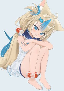 Rule 34 | 1girl, ahoge, animal ears, bare legs, bare shoulders, barefoot, blonde hair, blue eyes, blue hair, blue nails, blue sailor collar, cat ears, closed mouth, commentary, fang, fang out, feet, fins, fish hair ornament, fish tail, full body, hair ornament, highres, indie virtual youtuber, knees up, koyo2023, lifebuoy anklet, lifebuoy hair ornament, long hair, looking at viewer, multicolored hair, nail polish, sailor collar, sameko saba, shirt, simple background, sitting, skin fang, sleeveless, sleeveless shirt, smile, solo, streaked hair, symbol-only commentary, tail, toenail polish, toenails, two-tone hair, virtual youtuber