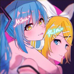 Rule 34 | 2girls, :p, bare shoulders, black bra, blonde hair, blue hair, blush, bow, bra, bra strap, character name, chromatic aberration, commentary, english text, film grain, hair between eyes, hair bow, hair ornament, hairclip, hatsune miku, headphones, highres, hug, kagamine rin, long hair, looking at viewer, multiple girls, parted bangs, portrait, purple background, shinaq, short hair, sidelocks, simple background, smile, tongue, tongue out, twintails, underwear, vocaloid, white bow, white bra, yellow eyes