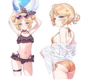 1girl :3 alternate_costume aqua_eyes armpits arms_up ass back ball beachball bikini black_bikini black_choker black_headband blonde_hair blush bow bow_bikini breasts choker commentary contrapposto cowboy_shot double_bun eyewear_on_head frilled_bikini frills from_behind gluteal_fold gold_bikini hair_bun hair_ornament hair_scrunchie headband heart heart-shaped_eyewear highres holding holding_ball holding_beachball identity_v looking_at_viewer multiple_views navel parted_bangs polka_dot_headwear pomilkoic scrunchie see-through_clothes see-through_shirt shirt shirt_partially_removed side-tie_bikini_bottom sidelocks skindentation small_breasts smile stomach swimsuit thigh_strap tracy_reznik white_background white_scrunchie