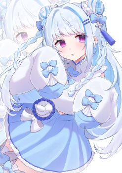 Rule 34 | 1girl, absurdres, blue bow, blue bowtie, blue skirt, blush, bow, bowtie, braid, chinese clothes, commentary request, double bun, hair bun, hair ornament, highres, lize helesta, lize helesta (11th costume), long hair, moe nayo, multicolored hair, nijisanji, open mouth, purple eyes, skirt, tassel, thighhighs, twin braids, virtual youtuber, wide sleeves