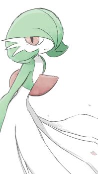 1other 2025 absurdres bob_cut boroi_byakko cherry_blossoms colored_skin commentary dress gardevoir gen_3_pokemon green_hair green_skin hair_over_one_eye highres leaning_forward multicolored_skin nintendo pokemon pokemon_(creature) pokemon_focus red_eyes short_hair simple_background two-tone_skin white_background white_dress white_skin