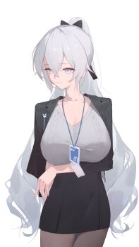 1girl absurdres arm_under_breasts black_skirt black_vest breasts bronya_zaychik bronya_zaychik_(outstanding_attitude) bronya_zaychik_(silverwing:_n-ex) chinese_commentary cleavage commentary_request grey_eyes grey_hair grey_sweater guantoumao-0 highres honkai_(series) honkai_impact_3rd id_card large_breasts long_hair official_alternate_costume pantyhose pencil_skirt simple_background skirt solo sweater very_long_hair vest white_background