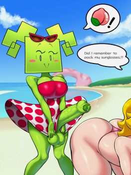 1futa 1girl absurdres ass beach bikini bikini_bottom_only blonde_hair breast_press breasts closed_eyes colored_skin english_text erection female_focus futa_with_female futanari green_skin highres huge_penis huge_testicles large_breasts looking_at_viewer lying mario_(series) mimi_(paper_mario) nintendo open_mouth paper_mario penis princess_peach sleepiitreat smile solo_focus speech_bubble surprised swimsuit testicles veins veiny_penis