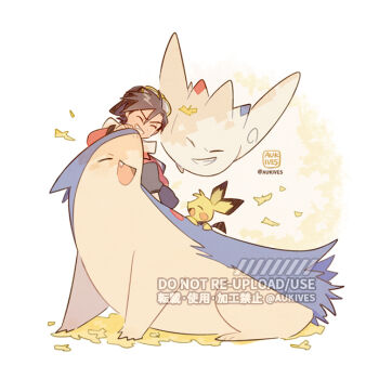 1boy :d aukives autumn_leaves backwards_hat baseball_cap closed_eyes commentary ethan_(pokemon) fangs fluffy gen_2_pokemon gen_4_pokemon goggles goggles_on_headwear hat jacket leaf nintendo open_mouth pichu pokemon pokemon_(creature) pokemon_adventures pokemon_focus red_jacket smile symbol-only_commentary togekiss typhlosion