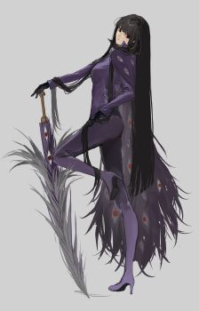 1girl absurdres black_hair blunt_bangs blunt_ends bodysuit breasts cape coat e.g.o_(project_moon) foot_up_heel_up from_side full_body g7cdpdto2i6hot6 gloves hair_flowing_over hair_over_shoulder hand_on_hilt hand_on_own_hip high_heels highres holding holding_sword holding_weapon leg_up limbus_company long_hair long_sleeves looking_at_viewer open_mouth planted planted_sword project_moon purple_bodysuit red_eyes red_eyes_(e.g.o) ryoshu_(project_moon) sheath sheathed simple_background solo standing standing_on_one_leg sword turning_head very_long_hair weapon white_background