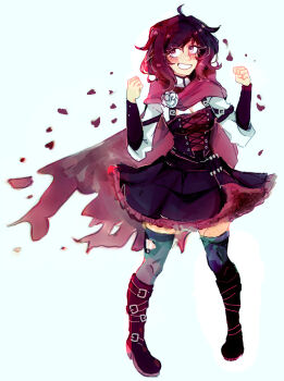 1girl ahoge black_boots black_dress black_thighhighs blush boots breasts cape cleavage commentary corset dress evilstep eyelashes freckles full_body grey_eyes long_sleeves medium_hair petals red_cape red_hair red_scarf ruby_rose rwby scarf simple_background smile solo standing teeth thighhighs torn_cape torn_clothes white_background