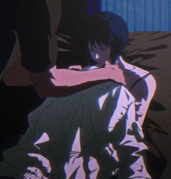 1boy 1girl aizheajsee batou_(gits) black_hair closed_eyes coat dressing_another ghost_in_the_shell highres indoors kusanagi_motoko medium_hair solo_focus white_coat