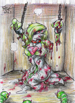 1girl akatsuki23 amputee arms_up blood blood_drip blood_in_hair blood_on_clothes blood_on_face blood_on_ground blood_on_hands bob_cut breasts bruise bruise_on_chest bruise_on_face caterpie caterpillar chain chain_leash chained chained_wrists clenched_teeth colored_pencil_(medium) commentary_request dirty dirty_clothes dirty_face dismemberment dress ero_guro facing_to_the_side gardevoir gen_1_pokemon gen_3_pokemon graphite_(medium) green_hair guro hair_over_one_eye highres humanization impaled indoors injury kneeling leash long_hair looking_to_the_side medium_breasts medium_hair nintendo on_ground pokemon pokemon_(creature) pokemon_focus red_eyes restrained signature stationary_restraints teeth torn_clothes torn_dress torture traditional_media two-tone_dress upright_restraints white_dress