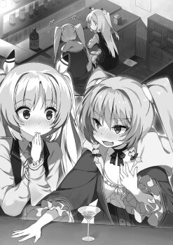 2girls alcohol alicia_vladia_sarkista ascot bar_(place) blush bottle bow braid breasts buta_koushaku charlotte_lily_hughjack choker cleavage closed_mouth cocktail_glass collared_shirt corset counter cup drinking_glass drunk embarrassed feet_out_of_frame frilled_robe from_above greyscale hair_between_eyes hair_bow hair_ribbon hooded_robe indoors liquor long_hair long_sleeves medium_breasts monochrome multiple_girls multiple_views nauribon novel_illustration official_art open_mouth ribbon ribbon_choker robe school_uniform shirt side_braids sidelocks sitting skirt small_breasts third-party_source tsurime twintails two_side_up upper_body v-shaped_eyebrows very_long_hair vest wavy_mouth wide-eyed wide_sleeves wine_bottle