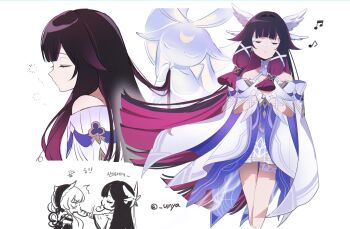 2girls bare_shoulders black_hair bow closed_eyes closed_mouth columbina_(genshin_impact) dress eye_mask genshin_impact hair_intakes hair_ribbon hashtag-only_commentary head_wings highres korean_text long_hair luonnotar_(genshin_impact) mask multicolored_hair multiple_girls multiple_views musical_note open_mouth purple_hair ribbon sandrone_(genshin_impact) simple_background squeans thigh_strap translation_request twitter_username two-tone_hair u_u_k_e_n very_long_hair white_background white_bow white_dress white_ribbon white_wings wings wrist_bow