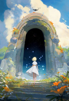 1girl bare_legs barefoot blonde_hair blue_sky bug butterfly cane cloud commentary crescent_moon dress english_commentary flower from_behind full_body grass insect moon orange_flower original outdoors portal_(object) ross_tran runes scenery short_hair short_sleeves sky solo stairs star_(sky) white_dress white_flower