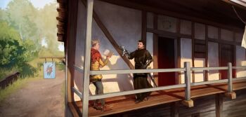 Rule 34 | 2boys, black coat, black hair, blonde hair, blood, blood on clothes, blood on face, blue pants, blue sky, blush, book, brown shoes, building, cape, coat, commentary, commission, english commentary, flower, forest, from side, full body, gauntlets, hans capon, henry of skalitz, highres, holding, holding book, holding flower, holding sword, holding weapon, jacket, kingdom come: deliverance ii, looking at another, male focus, multiple boys, nature, open mouth, outdoors, pants, red cape, revision, sabaton, shadow, shoes, short hair, sky, smile, standing, sword, tworain w, weapon, wooden door, yellow jacket