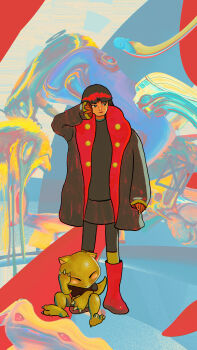 Rule 34 | 1girl, 2others, abra, absurdres, black coat, black eyes, black hair, black scarf, blush, boots, car, character request, closed eyes, coat, dkaism, full body, gen 1 pokemon, hand on own face, highres, motor vehicle, multiple others, nintendo, on ground, painterly, pokemon, red boots, scarf, short hair, sitting, squirtle, white nails