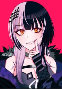 Rule 34 | 1girl, alexaniel, artist name, black arm warmers, black choker, black coat, black dress, black hair, breasts, choker, cleavage, coat, dress, finger to mouth, forced smile, fur-trimmed coat, fur trim, grey hair, hololive, hololive english, index finger raised, large breasts, long hair, looking at viewer, multicolored hair, pink background, purple coat, ribbon, shiori novella, shiori novella (1st costume), solo, split-color hair, striped arm warmers, two-sided coat, two-sided fabric, two-tone hair, virtual youtuber, white ribbon, yellow eyes