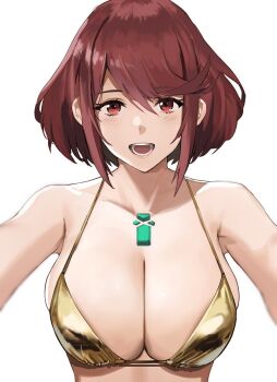 1girl bare_shoulders bikini breasts chest_jewel cleavage female_focus gold_bikini highres j@ck large_breasts looking_at_viewer matching_hair/eyes open_mouth pyra_(xenoblade) red_eyes red_hair short_hair simple_background solo swept_bangs swimsuit upper_body white_background xenoblade_chronicles_(series) xenoblade_chronicles_2