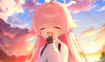 Rule 34 | 1girl, absurdres, ahoge, aqua necktie, black gloves, blue archive, chcc331899, chinese commentary, closed eyes, cloud, cloudy sky, collared shirt, commentary request, covering own mouth, facing viewer, fang, fingerless gloves, gloves, hair between eyes, hair flaps, halo, hand over own mouth, hand up, highres, hoshino (blue archive), long hair, long sleeves, making-of available, necktie, open hand, open mouth, pink hair, power lines, puffy long sleeves, puffy sleeves, shirt, sidelighting, single tear, skin fang, sky, solo, sunset, upper body, white shirt, yawning