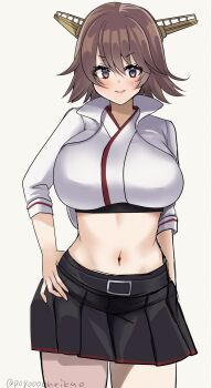 Rule 34 | black skirt, breasts, brown hair, cowboy shot, cropped jacket, flipped hair, gold hairband, hairband, hashtag-only commentary, headgear, hiei (kancolle), hiei (race queen) (kancolle), highres, jacket, kantai collection, large breasts, midriff, navel, official alternate costume, pleated skirt, popped collar, poyo (hakoniwa waltz), race queen, shirt, short hair, skirt, smile, solo, white jacket, white shirt