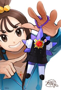 1boy 1girl blue_hoodie brown_eyes brown_hair chibi chibi_inset choker commentary_request cube_hair_ornament eyelashes gen_1_pokemon grin hair_ornament happy highres hood hoodie laaaw444 lida_(pokemon) long_hair long_sleeves looking_at_viewer mega_starmie naveen_(pokemon) nintendo pointing pokemon pokemon_legends:_z-a sidelocks smile starmie teeth topknot white_choker zipper