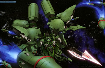 absurdres beam_cannon chest_cannon debris funnels_(gundam) glowing gundam gundam_perfect_file gundam_unicorn highres itou_kazuki kshatriya_repaired machinery mecha mecha_focus mobile_suit nebula neo_zeon no_humans official_art one-eyed robot scan science_fiction solo space star_(sky) thrusters weapon