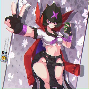 Rule 34 | 1girl, bancholilimon, black gloves, black skirt, breasts, coat, coat on shoulders, commentary, cowboy shot, cropped shirt, dclaret, digimon, digimon (creature), english commentary, fingerless gloves, gloves, highres, no panties, paid reward available, red coat, shirt, skirt, small breasts, smile, solo, white shirt, yo-yo, zipper skirt