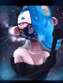 1girl blue_hair breasts breath cleavage crossed_arms elbow_gloves eyeliner facing_viewer folding_fan frost gloves hair_over_one_eye hand_fan highres jewelry long_hair looking_at_viewer makeup mask medium_breasts necklace nintendo nu_(ura_mya_pain) octoling paper_fan parted_lips red_eyes see-through_clothes see-through_mask shiver_(frostyfest)_(splatoon) shiver_(splatoon) smile solo splatoon_(series) splatoon_3 star_(sky) tentacle_hair upper_body
