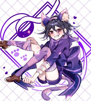 Rule 34 | 1boy, animal ears, ass, black hair, bow, brown shoes, cat ears, cat tail, commentary request, danganronpa (series), danganronpa v3: killing harmony, fake animal ears, fake tail, grin, hair between eyes, highres, large bow, long sleeves, male focus, medium hair, multicolored hair, oma kokichi, pink hair, pink thighhighs, purple scarf, purple shorts, purple sweater, scarf, shoes, shorts, smile, sobacha, sweater, tail, teeth, thighhighs, two-tone hair, two-tone thighhighs, white background