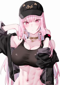 1girl abs absurdres arms_up baseball_cap black_hat black_jacket black_nails black_sports_bra breasts cleavage gold_choker gold_ring hat highres hololive hololive_english jacket jewelry kamiya_maneki large_breasts mori_calliope navel necklace pink_eyes pink_hair simple_background skull_necklace solo sports_bra stomach upper_body virtual_youtuber white_background wristband
