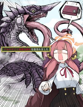 Rule 34 | 1girl, absurdres, animal charm, aru (blue archive), blank eyes, blue archive, chameleon, chameleon tongue, chameleos, claws, collared shirt, crossover, demon horns, dragon, emphasis lines, fog, fur-trimmed jacket, fur trim, gameplay mechanics, green eyes, halo, highres, horns, jacket, jacket on shoulders, long hair, long tongue, monster, monster hunter (series), monster hunter rise, neck ribbon, nubebenbe, open mouth, orange halo, pink hair, rabbit charm, ribbon, sharp teeth, shirt, sparkle, teeth, theft, tongue, tongue out, very long tongue, wallet, white shirt